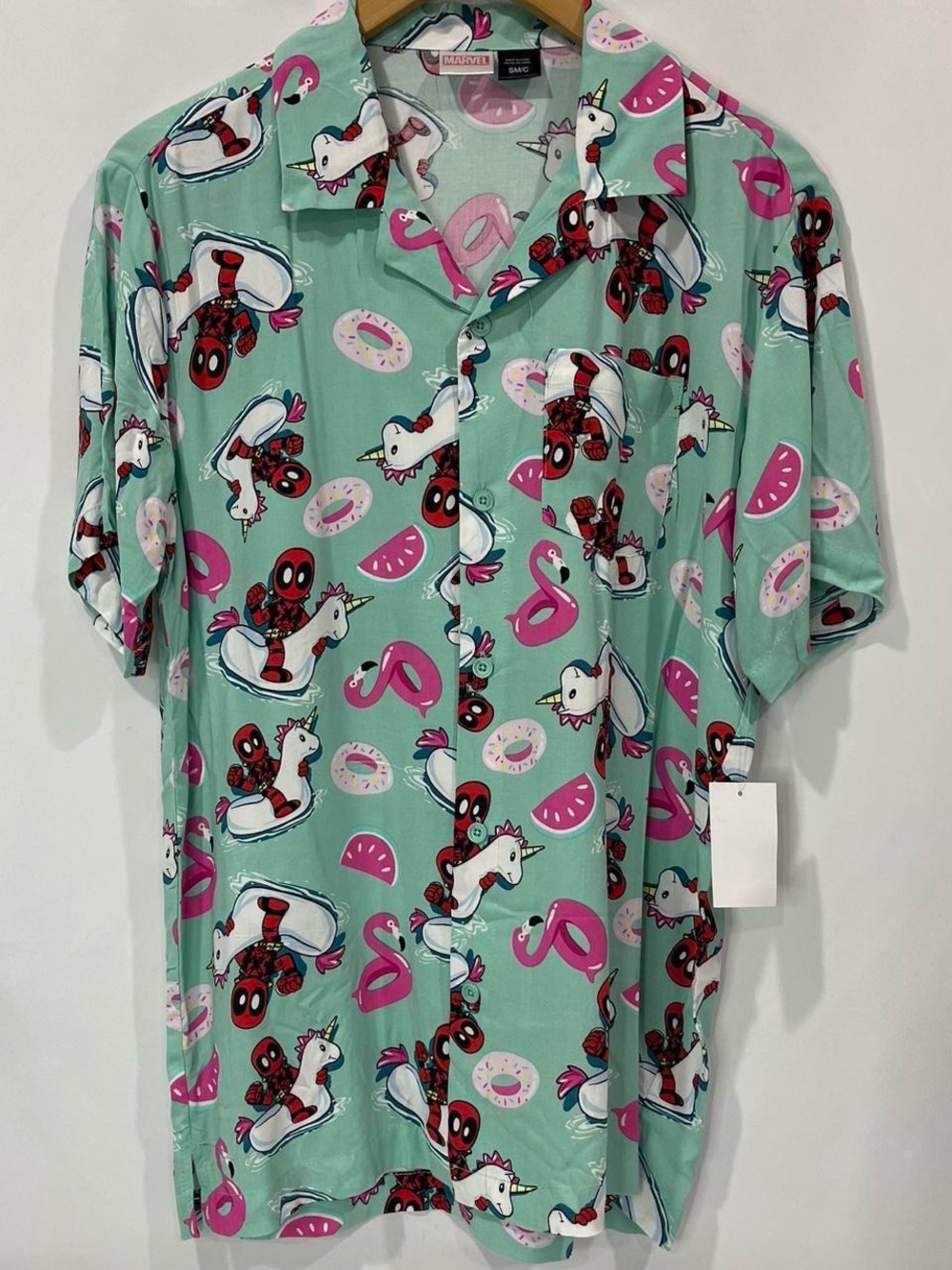 Marvel Mint Short-Sleeve Deadpool & Unicorn Print Button-Down Shirt